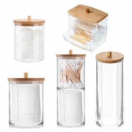 Makeup Organizer Cotton Swabs Containerwith Bamboo Lid Cosmetic Transparent Box Cotton Pad Organizer Jewelry Storage Box